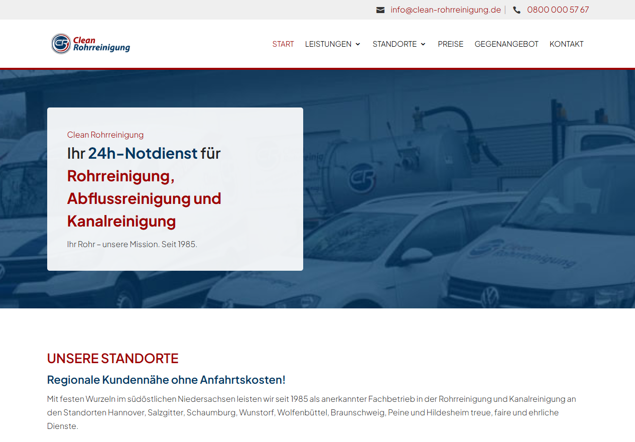Screenshot Website clean-rohrreinigung.de – Stand Sommer 2026